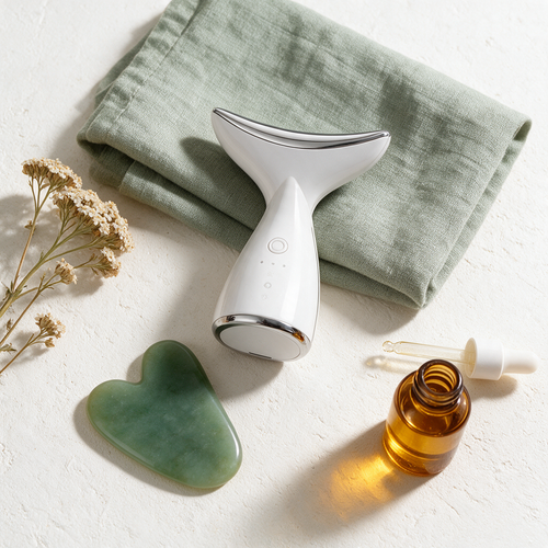 The Sculpt & Glow Ritual — LiftWave neck and jaw sculptor, jade gua sha and Glow Oil on sage linen