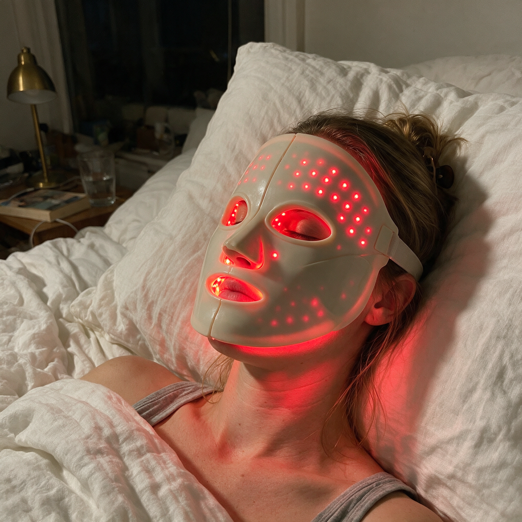 A woman in bed wearing the rigid Lyquora LumiGlow LED mask, red light glowing across her jaw and neck