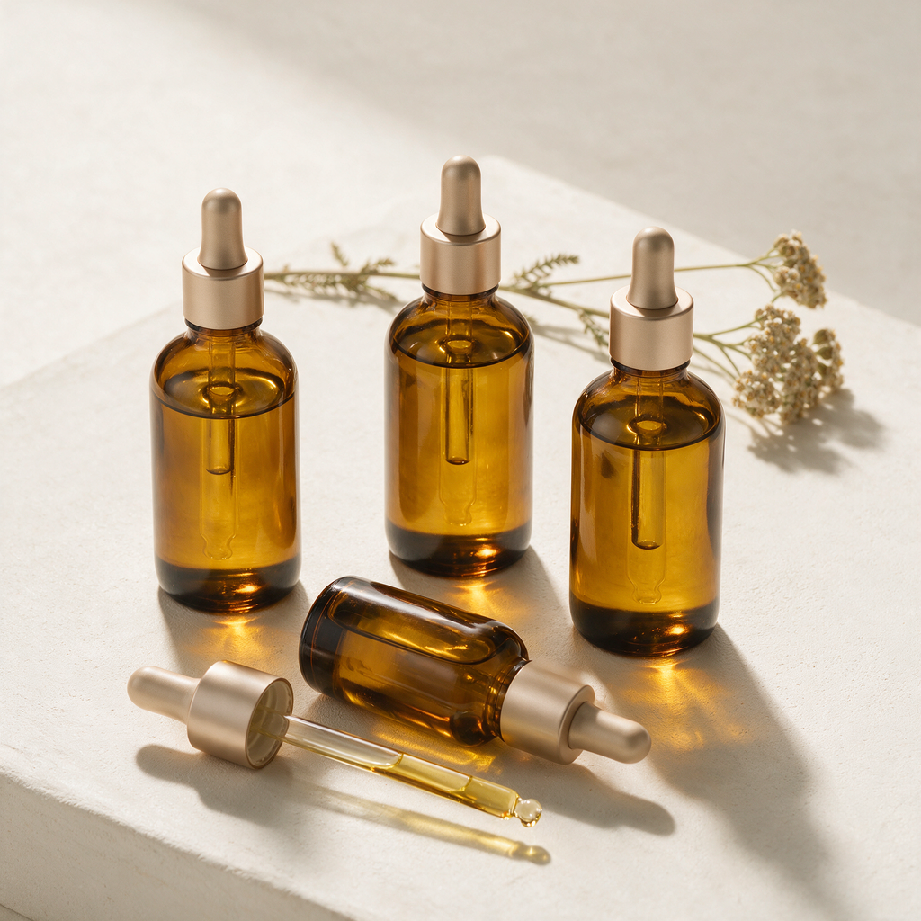 Amber glass Lyquora Glow Oil bottles with champagne droppers and a golden oil bead at the pipette tip