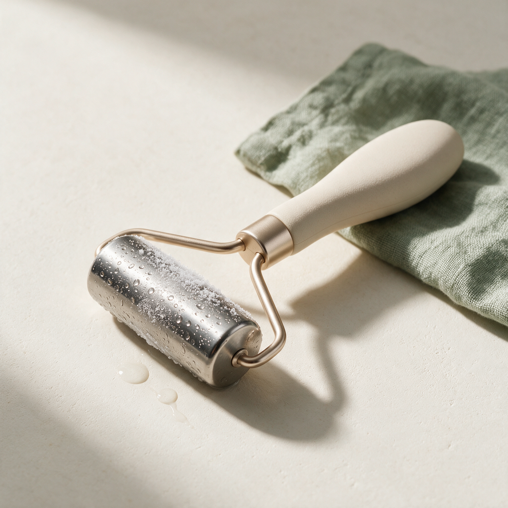 The Lyquora IceGlow steel roller frosted with condensation, included in the Glow Starter Ritual