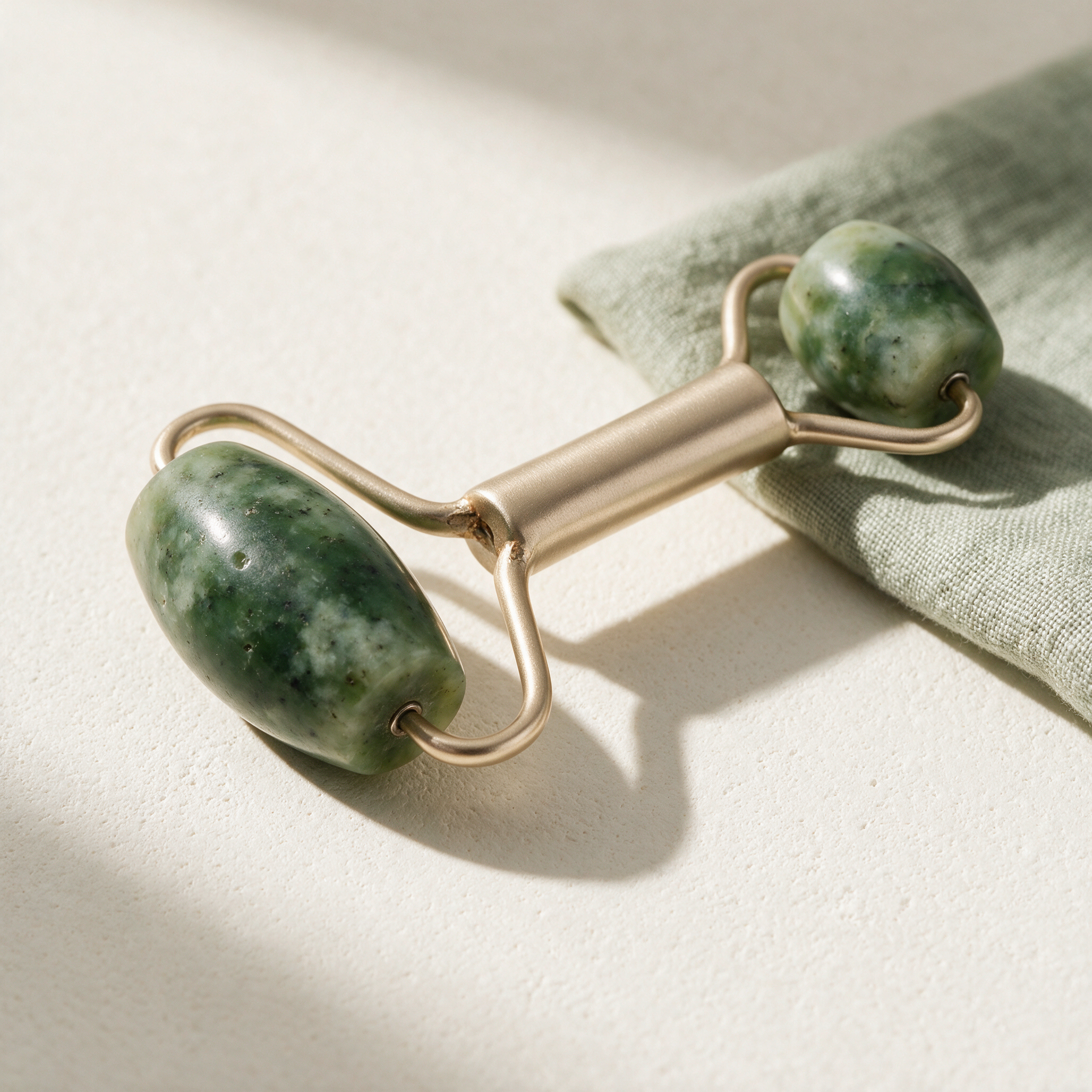 Lyquora Contour dual-ended jade facial roller in real mottled nephrite with a brushed champagne handle