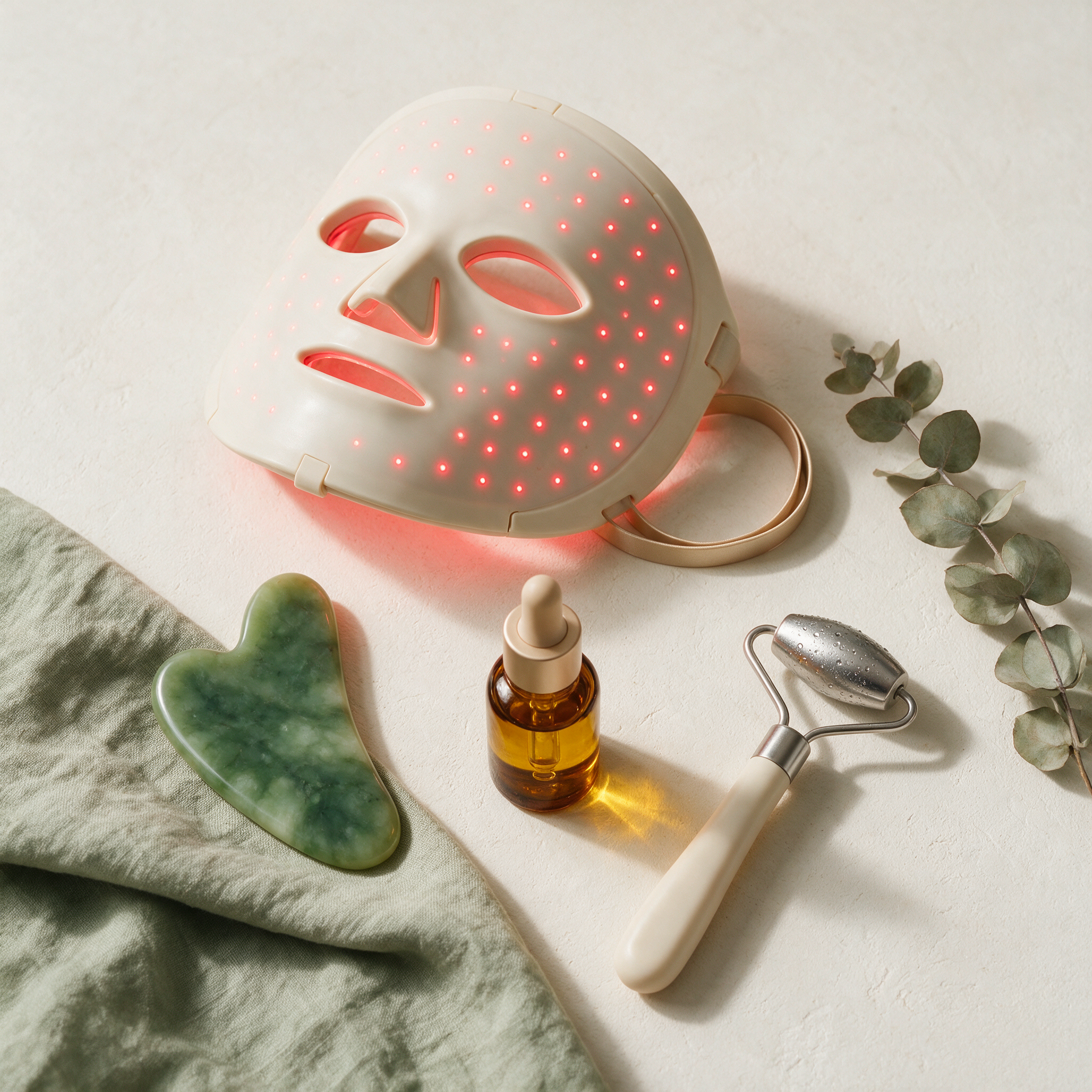 The Ultimate Lyquora Ritual: rigid LumiGlow LED mask with red diodes lit, jade gua sha, Glow Oil and steel IceGlow roller