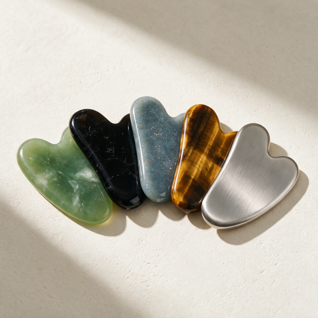 Lyquora gua sha stone options: jade, obsidian and stainless steel