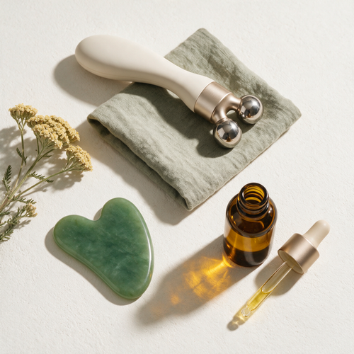 The Sculpt & Glow Ritual: LiftWave microcurrent wand, jade gua sha and Glow Oil on sage linen