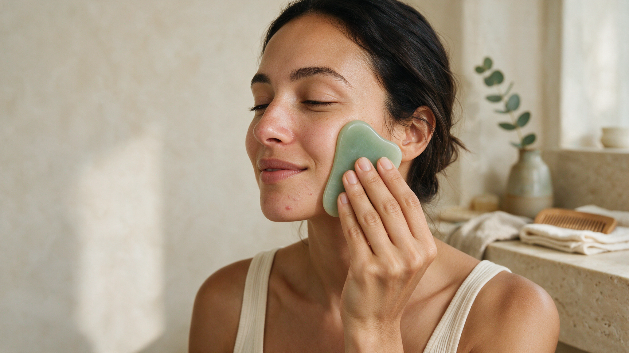 A woman using her Lyquora gua sha ritual in soft morning bathroom light