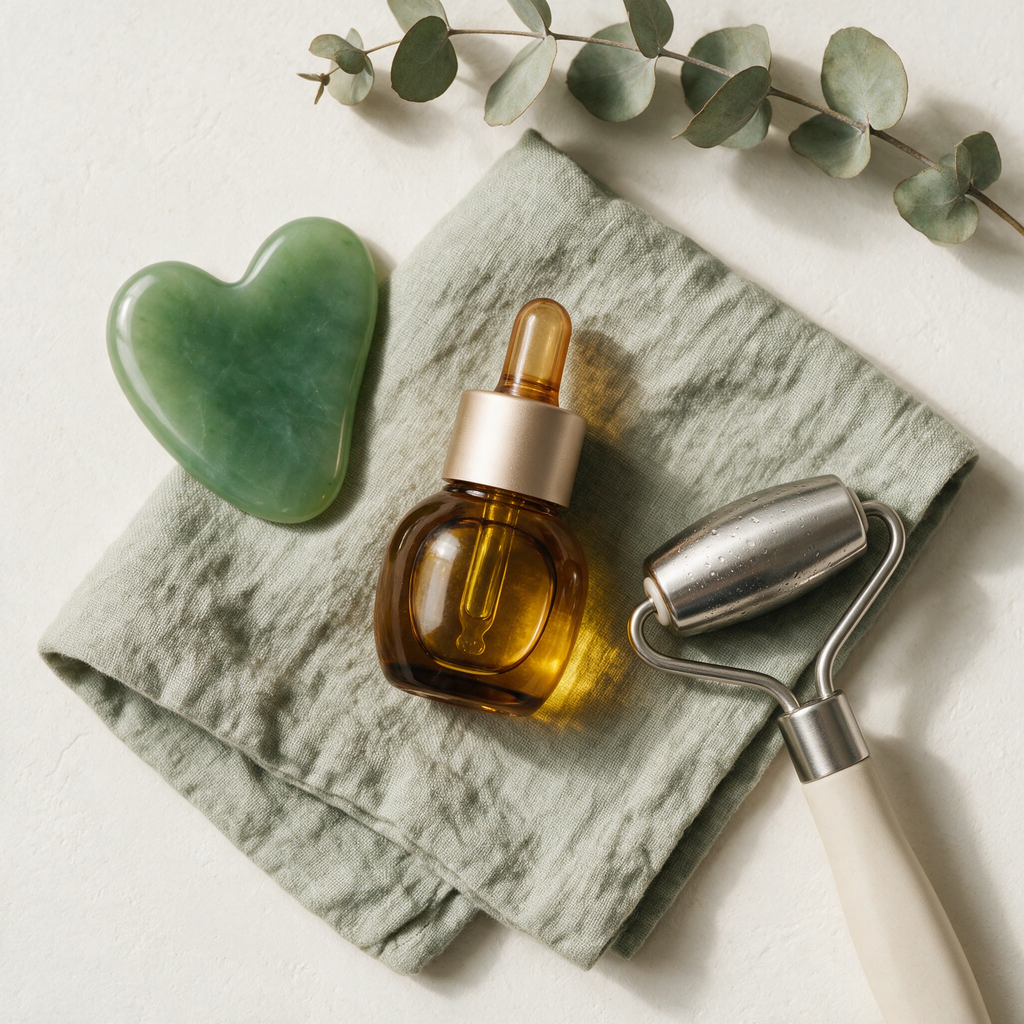 Jade gua sha, amber Glow Oil and steel ice roller on sage linen