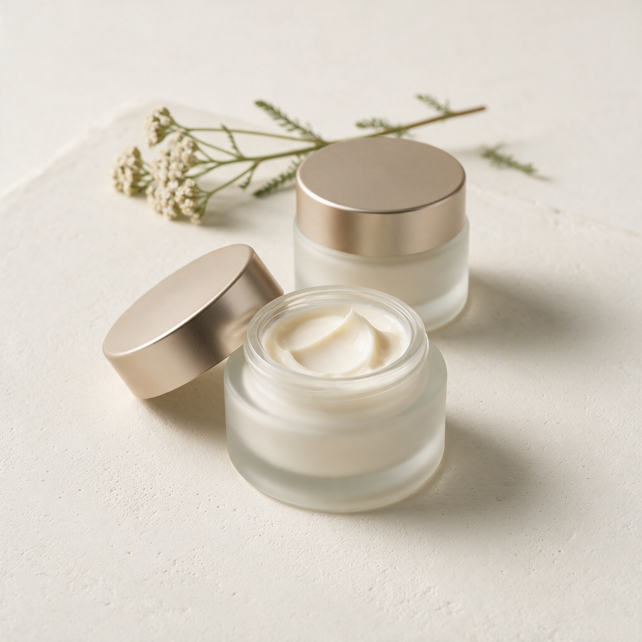 Frosted glass jars of Lyquora Hydra Veil moisturiser with champagne lids, one open showing the cream texture