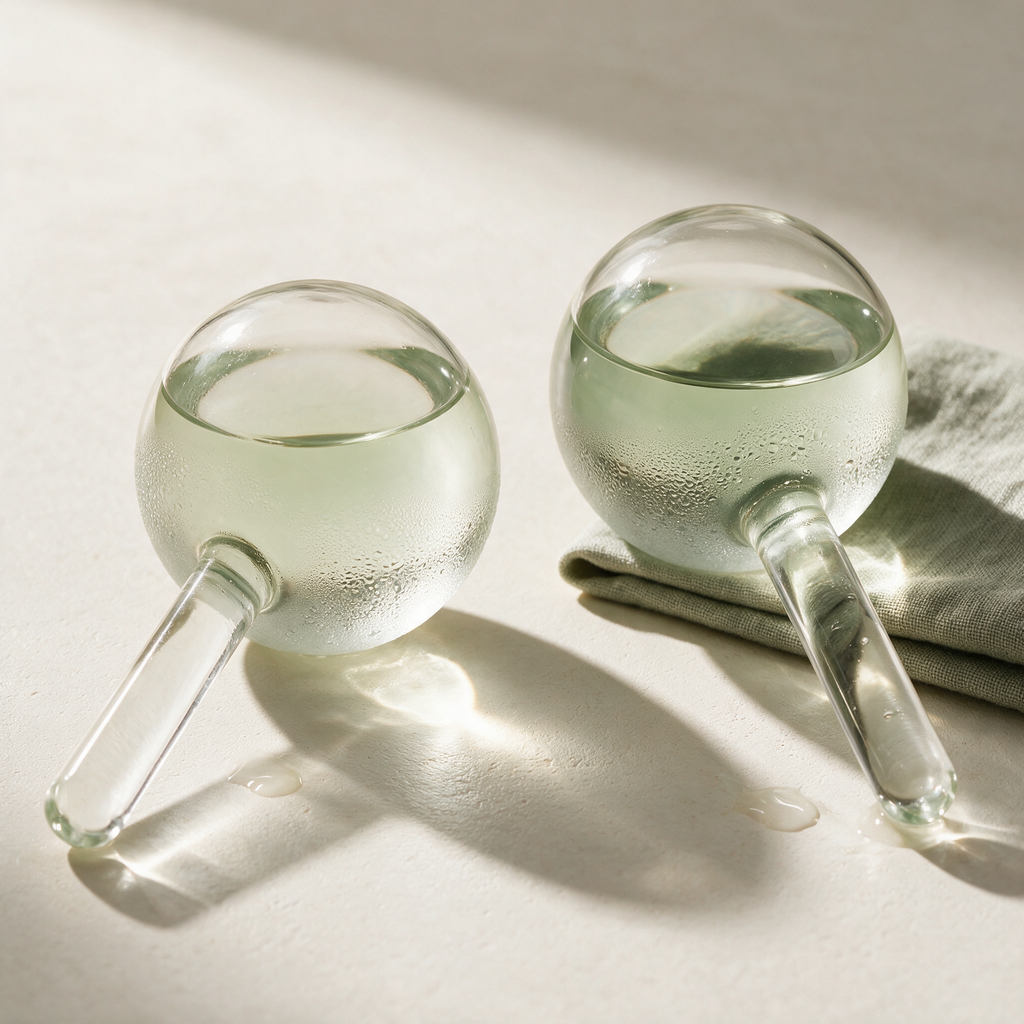 A pair of clear glass Lyquora Cryo Globes filled with pale sage liquid, misted with condensation on bone-white plaster